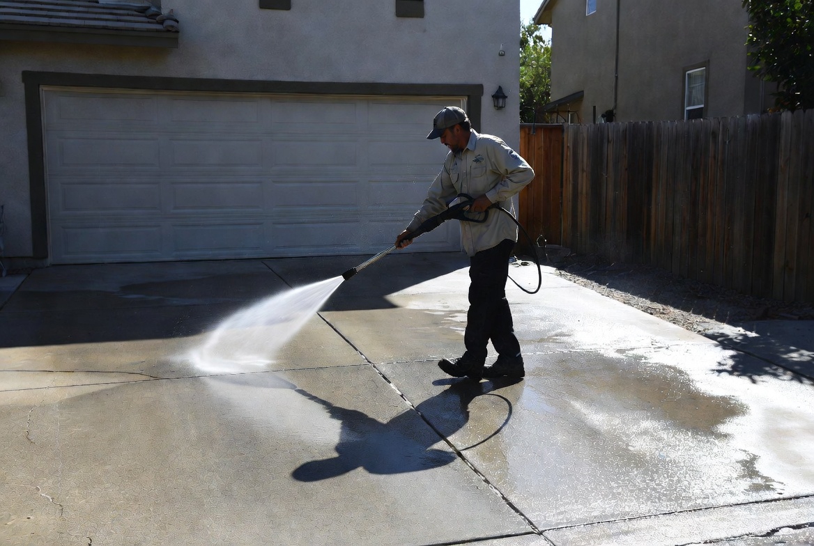 Professional power washing cleaning a driveway